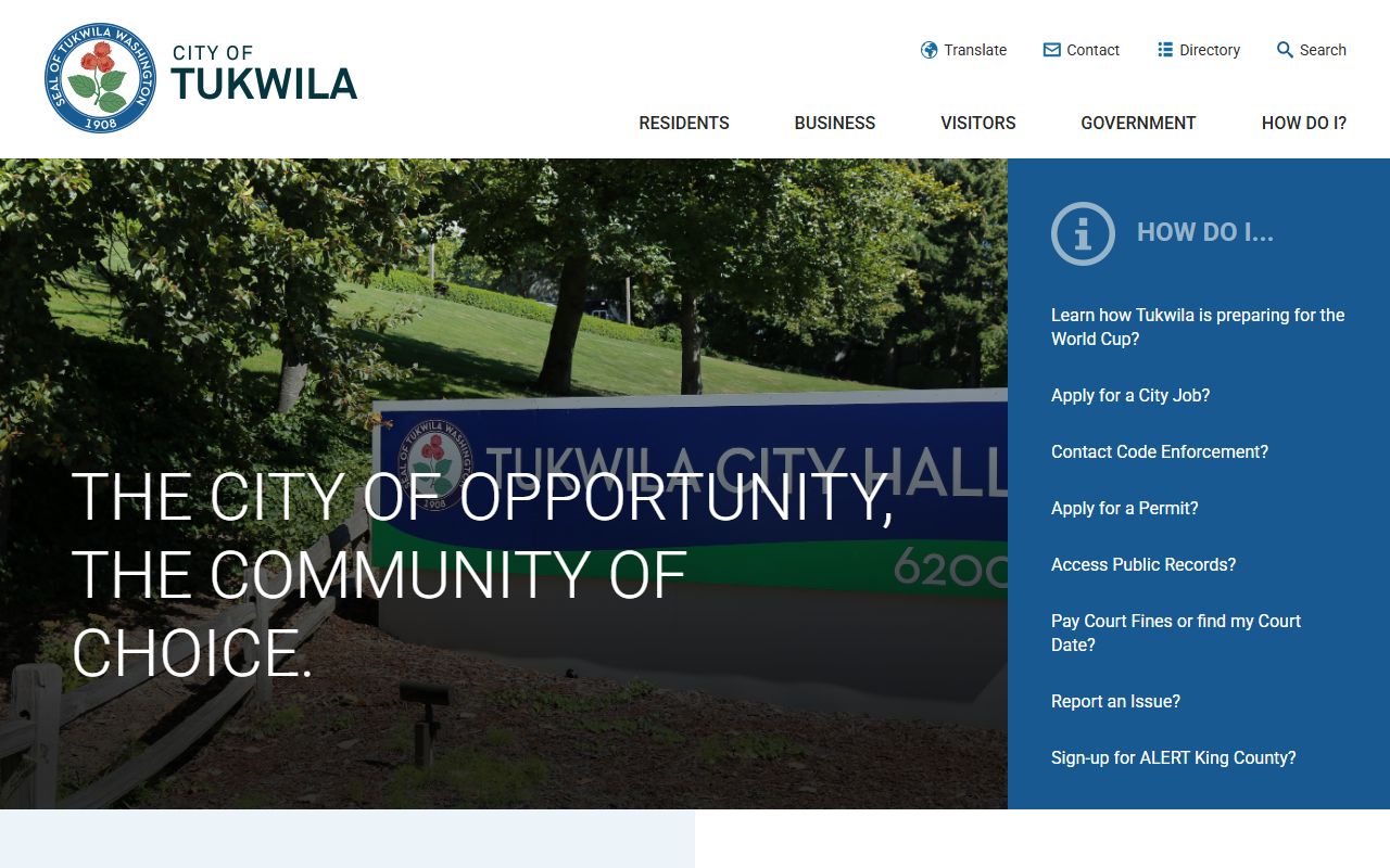 City of Tukwila homepage white pages records portal