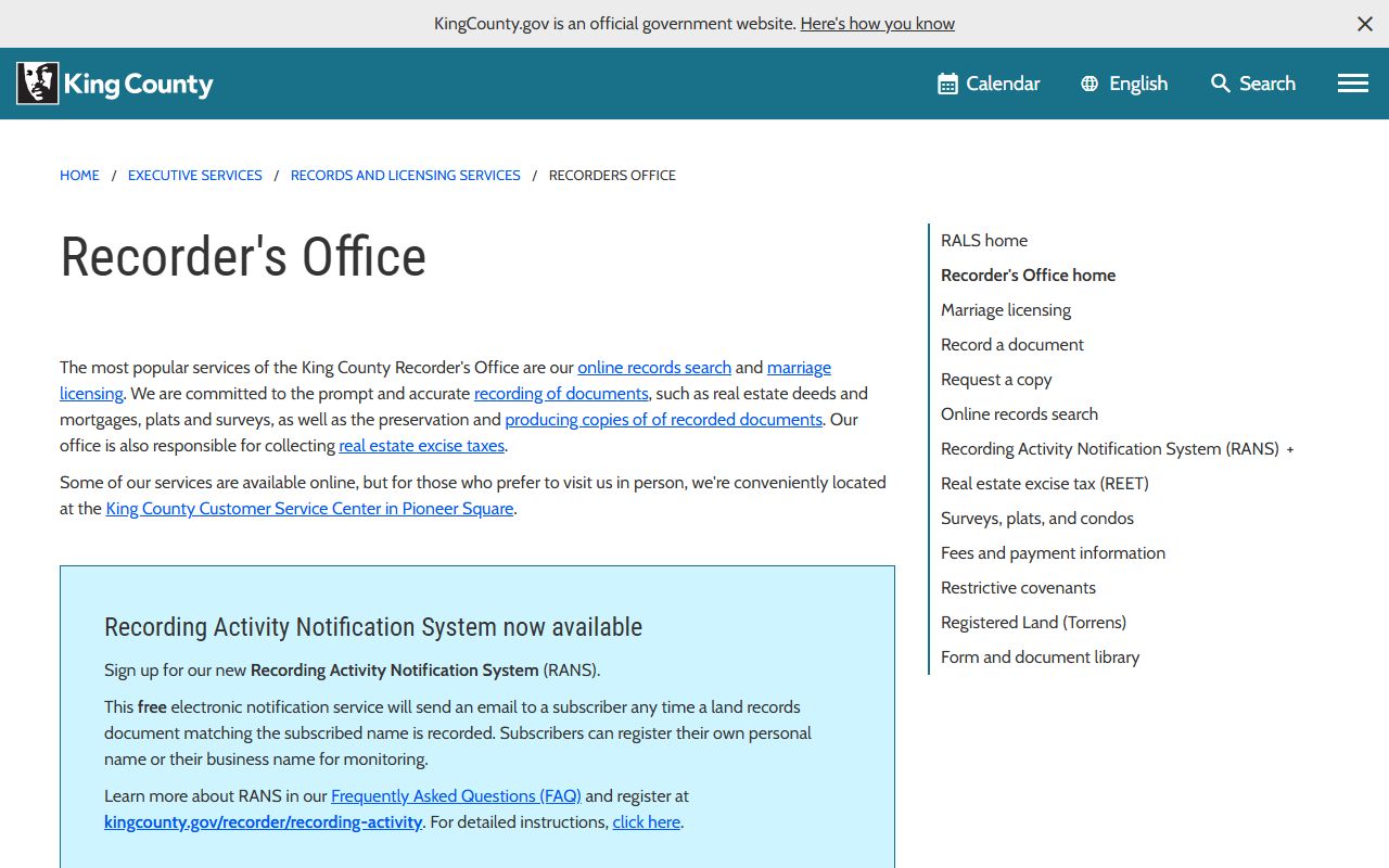 king county white pages recorder office document search