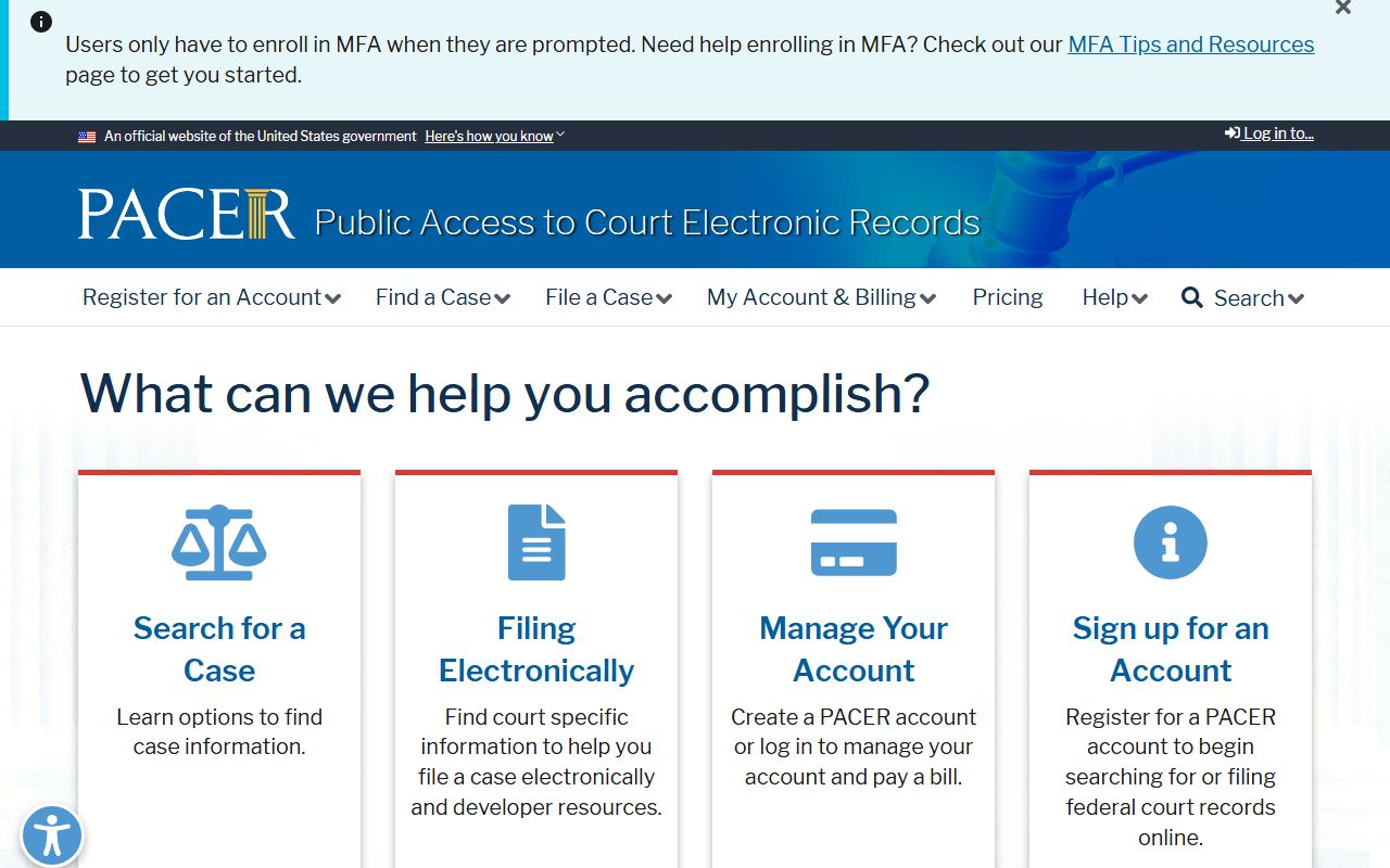 PACER federal court white pages records